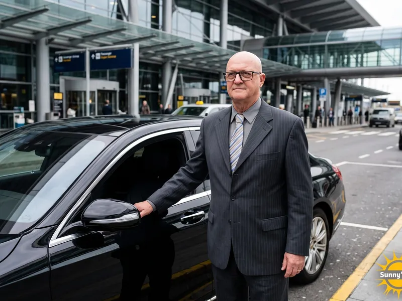 Professional chauffeur next to a black car at the airport